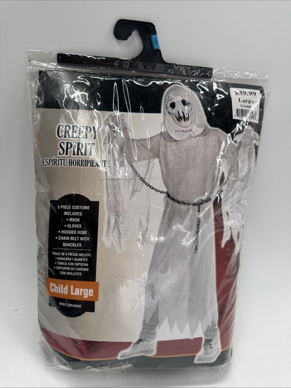 Creepy Spirit White Halloween Child Costume Large 12-14 Mask Robe Chain Belt